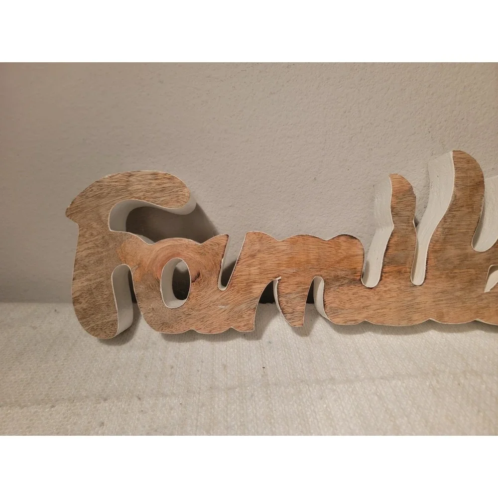 Casa Decor Family Cursive Wood Brown & White Decor Sign  15